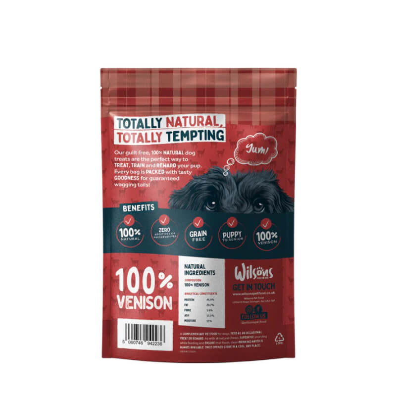 Wilsons Venison Bites 200g dog treats, high protein, red pack with dog image at bottom.