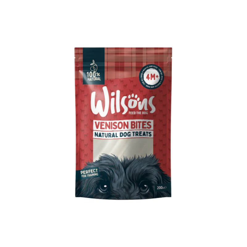 Wilsons Venison Bites 200g dog treats, high protein, red pack with dog image at bottom.
