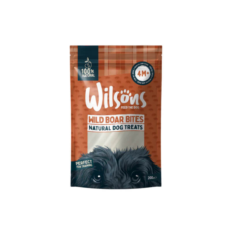 Wilsons Wild Boar Bites 200g: natural, grain free dog treats in orange plaid bag.