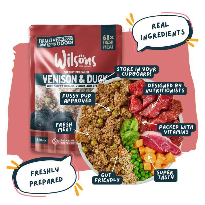 Wilsons Premium Fresh Dog Food Venison & Duck 380g for sensitive stomachs, bowl nearby.