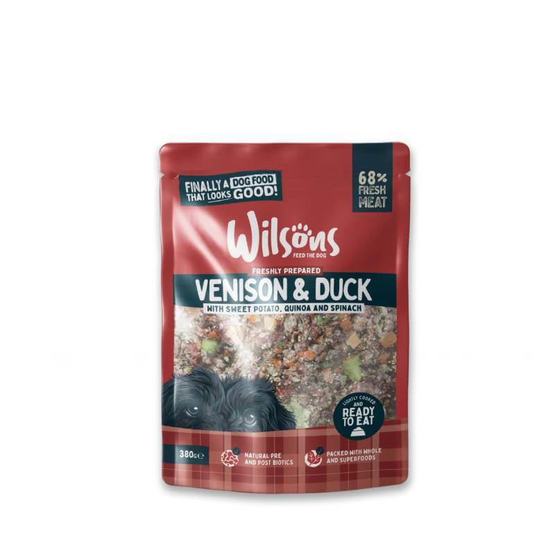 Wilsons Premium Fresh Dog Food Venison &amp; Duck 380g pouch with meat and veggies shown.