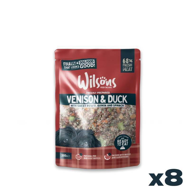 Wilsons Premium Fresh Dog Food Venison &amp; Duck 8x380g, pack of 8, ready to serve.