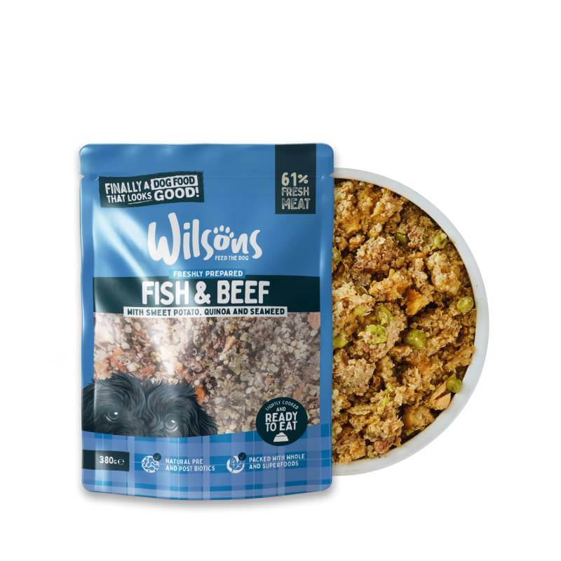 Wilsons Premium Fresh Dog Food Fish &amp; Beef 380g: Nutrient-rich with sweet potato, quinoa, seaweed.
