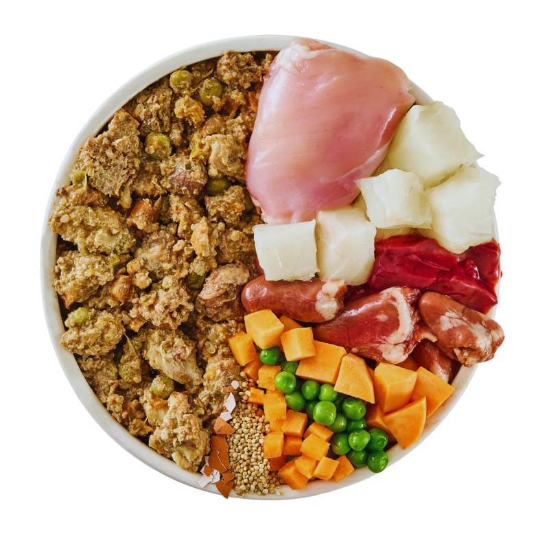 Wilsons Premium Fresh Puppy Food Chicken & Fish 8x380g, shown in a bowl with diced veggies.