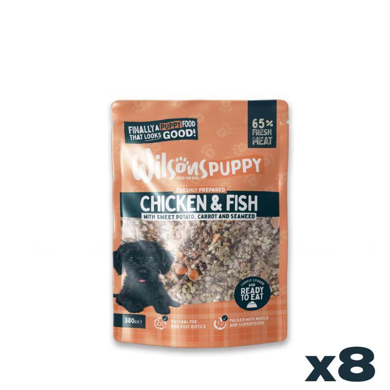 Wilsons Premium Fresh Puppy Food Chicken & Fish, 8x380g pouches.