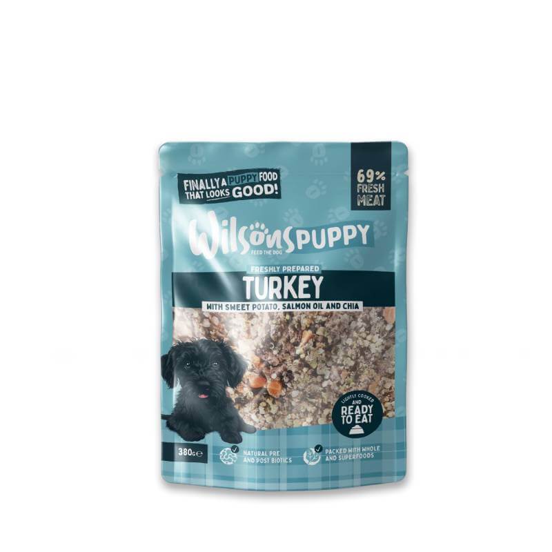Wilsons Premium Fresh Puppy Food Turkey 380g, with a black puppy featured on the pouch.
