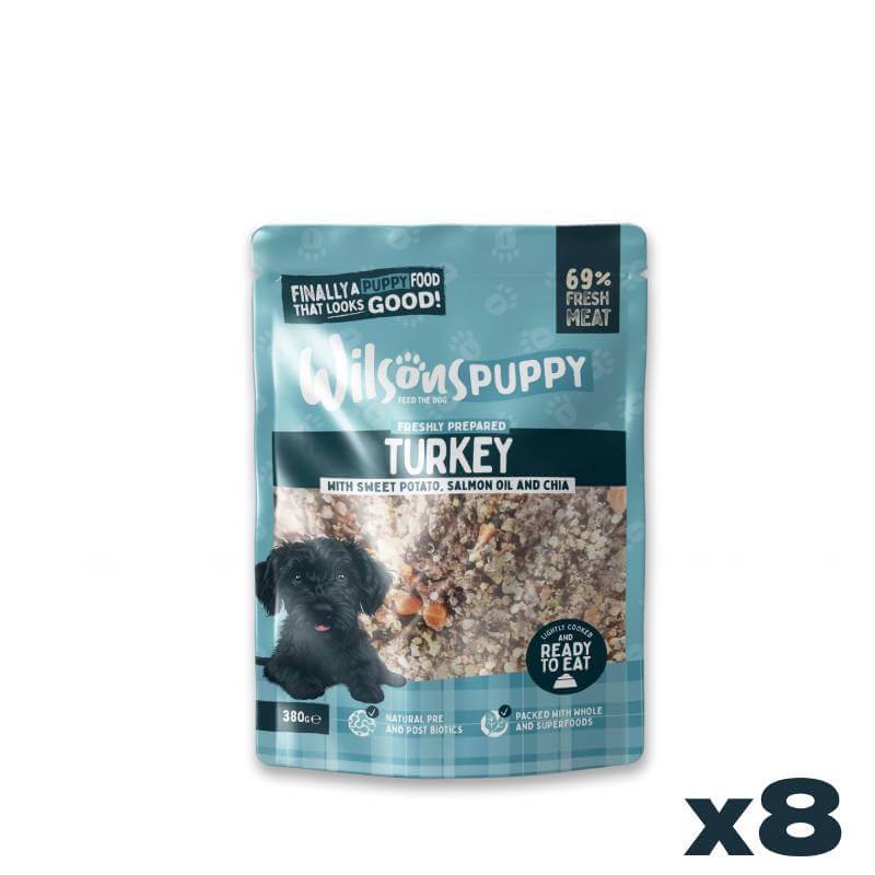 Wilsons Premium Fresh Puppy Food Turkey, 8x380g packs, features a black puppy on the pouch.