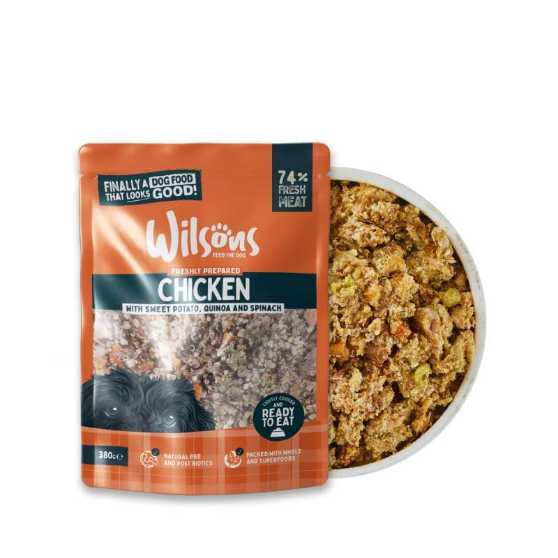 Wilsons Premium Fresh Dog Food Chicken 380g bowl and pouch with sweet potato, quinoa, spinach.