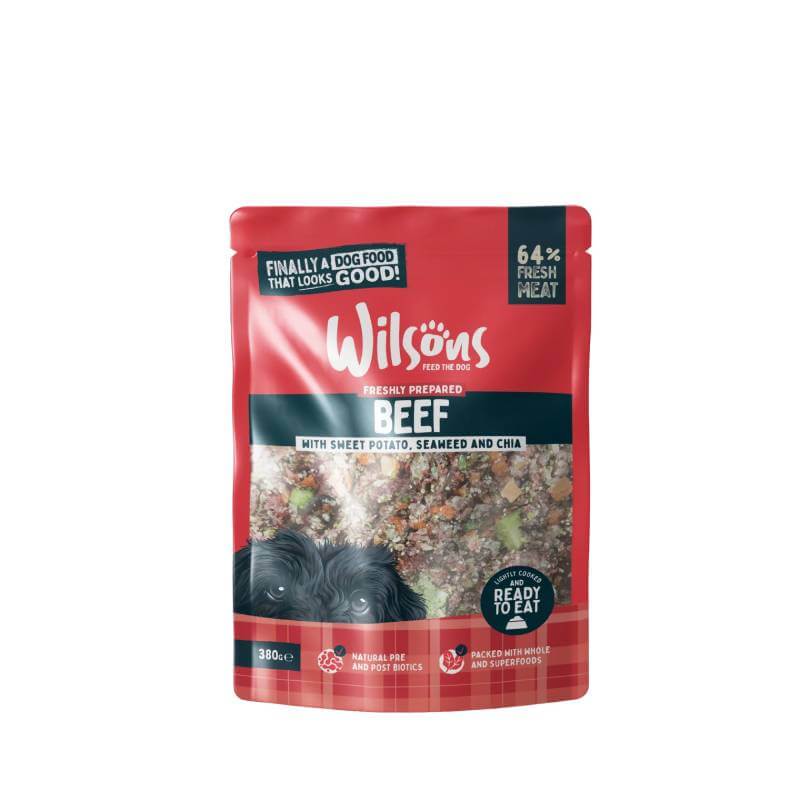 Wilsons Premium Fresh Dog Food Beef 380g with sweet potato, seaweed & chia for nutrition.