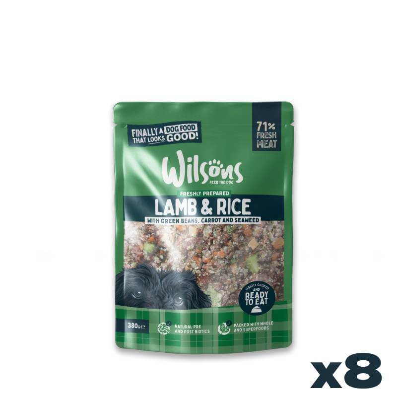 Wilsons Premium Fresh Dog Food Lamb &amp; Rice 8x380g, hypoallergenic, green pack.