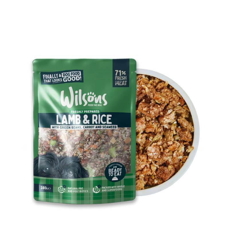 Wilsons Premium Fresh Dog Food Lamb &amp; Rice 380g with a bowl of fresh dog food.