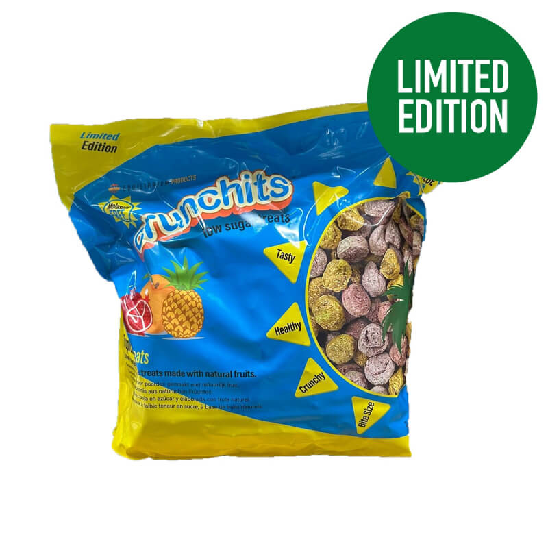 A 2.25kg Equilibrium Crunchits Tropical horse treat bag with a green Limited Edition label.