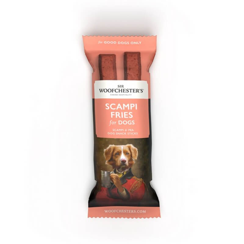 Sir Woofchesters Scampi Fries 35g treats in a pink pack with a dog in fancy clothing.