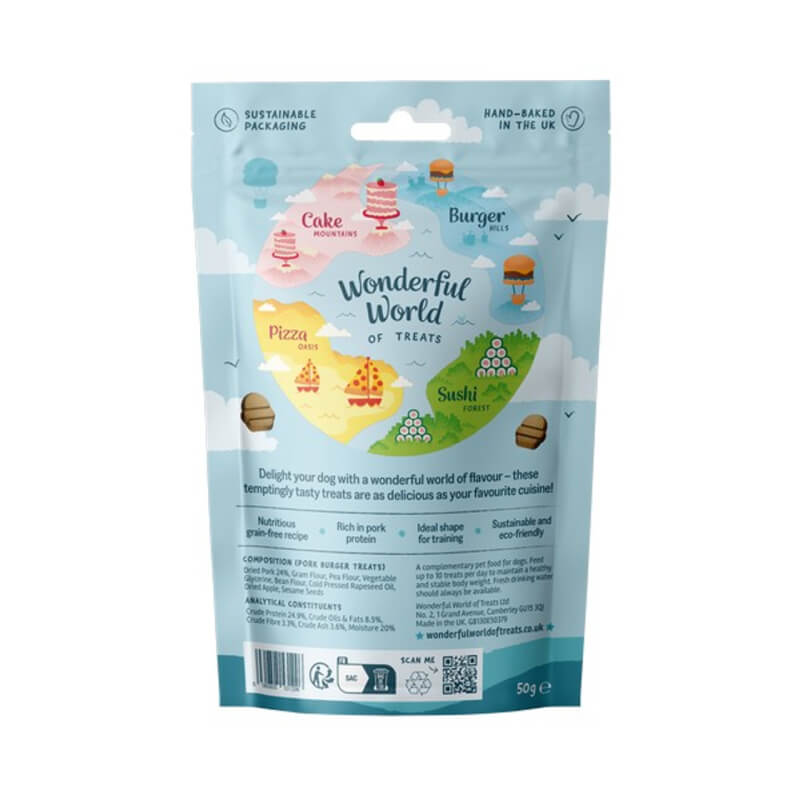 Vibrant pack of Wonderful World of Treats Pulled Pork Burger Dog Treats 50g with fun food art.