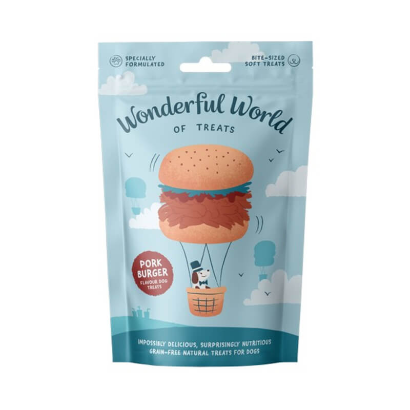 Cartoon hot air balloon burger labeled Wonderful World of Treats Pulled Pork Burger Dog Treats.
