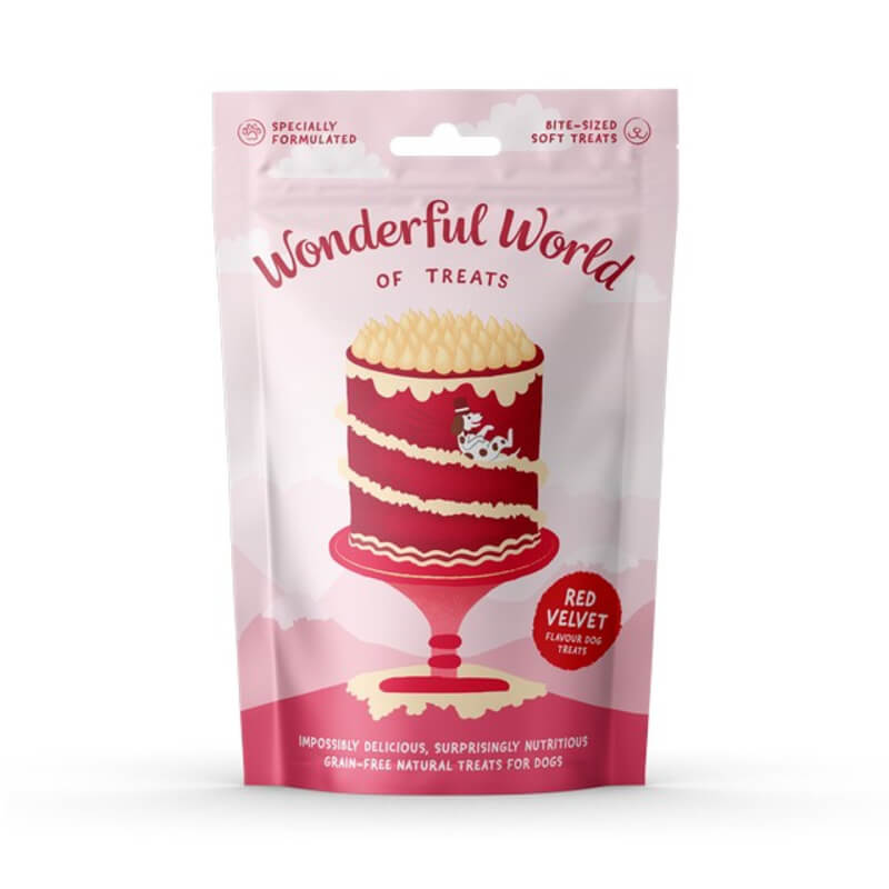 Pink bag of Wonderful World of Treats Red Velvet Cake Dog Treats 50g with cake illustration.