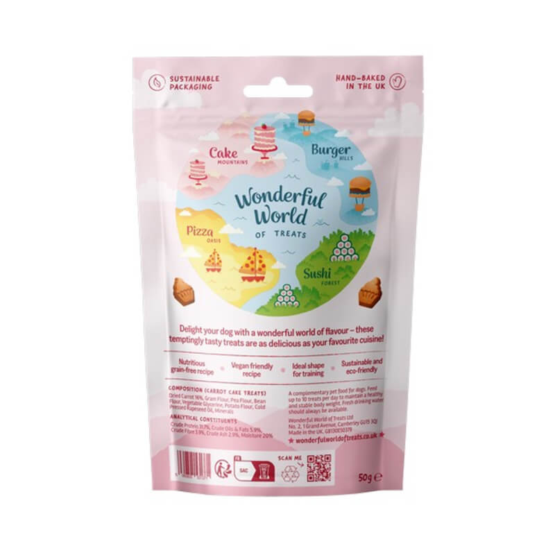 Back of Wonderful World of Treats Carrot Cake Dog Treats 50g, hand-baked in the UK.