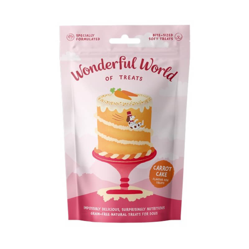 Wonderful World of Treats Carrot Cake Dog Treats 50g—healthy treats in a pink pouch.