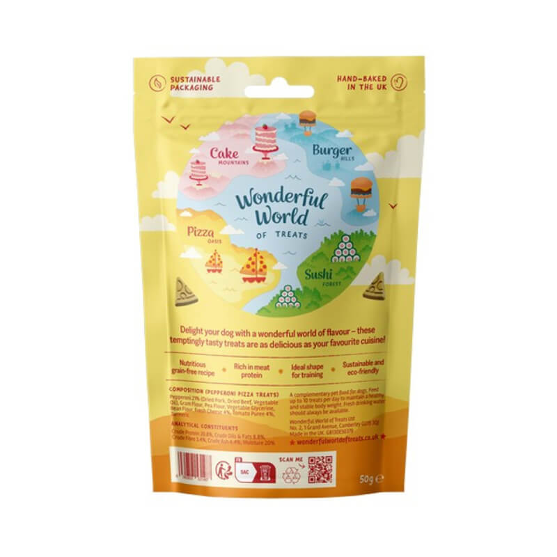 Yellow bag of Wonderful World of Treats Pepperoni Pizza Dog Treats, 50g.