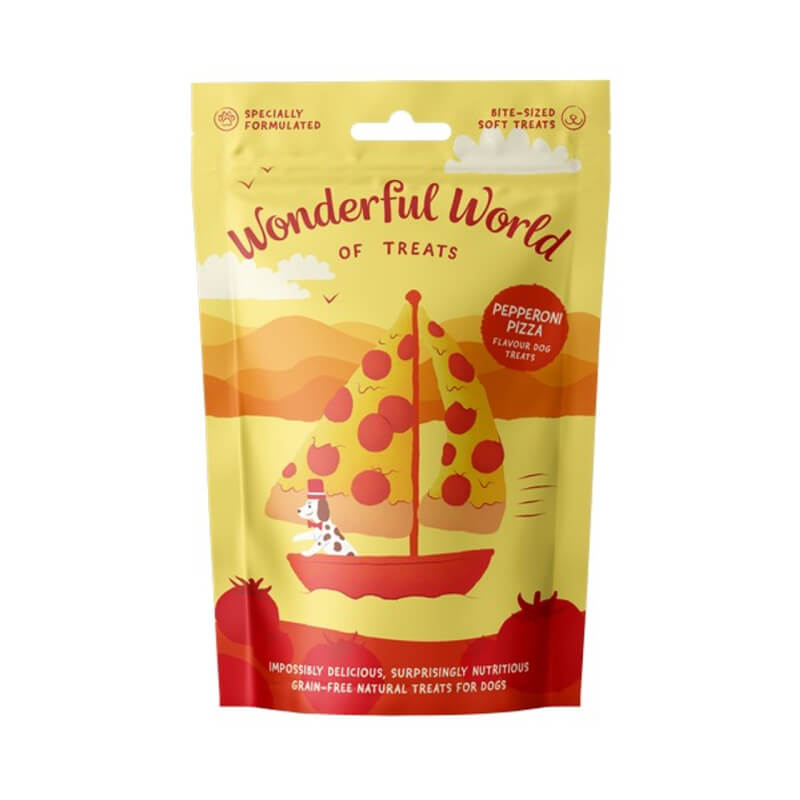 Yellow 50g bag of Wonderful World of Treats Pepperoni Pizza Dog Treats with pizza sailboat.
