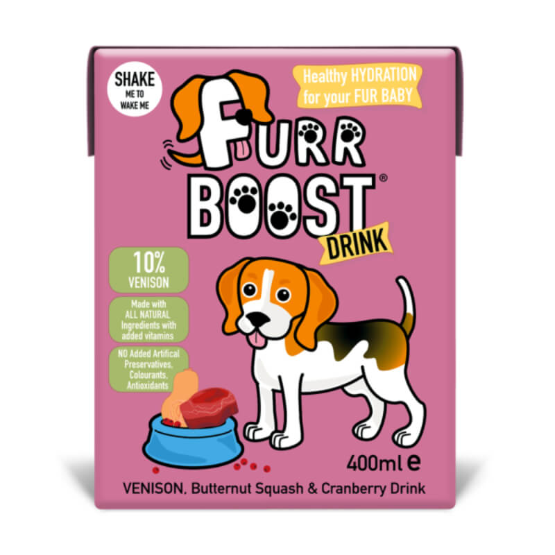 Furr Boost Venison, Butternut &amp; Cranberry Drink 400ml carton for dog hydration.