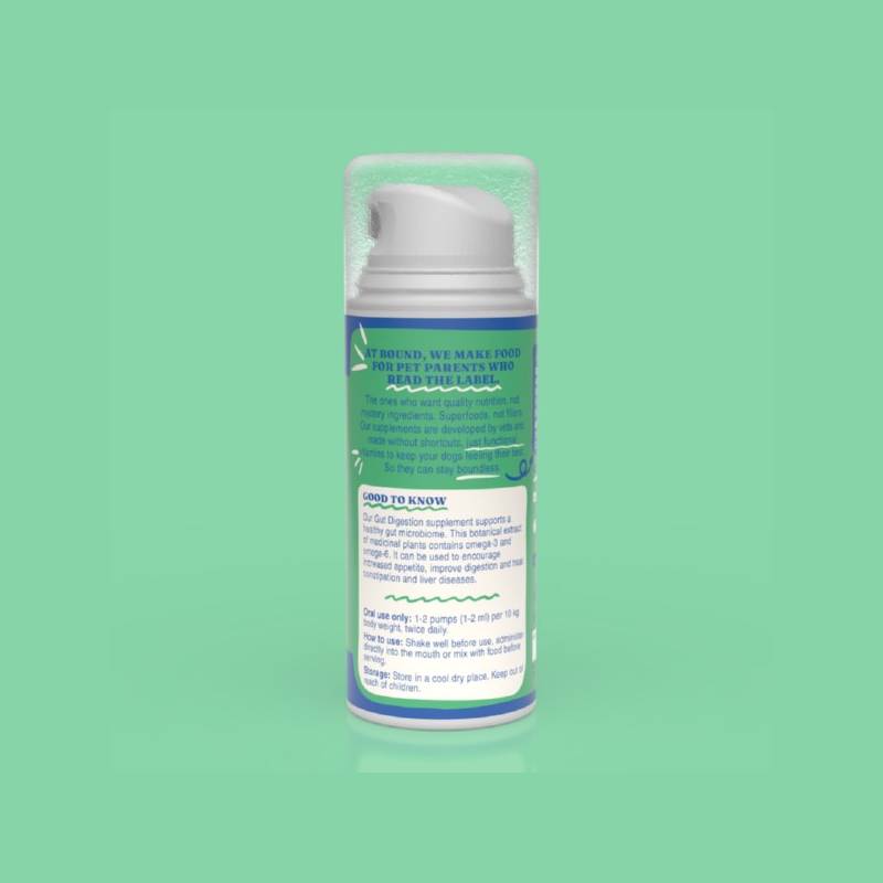 Bound Pets Gut Digestion Liquid Supplement for Dogs 100ml with pump sits on a green background.