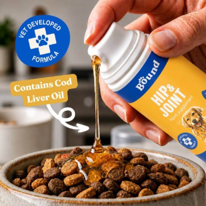 Pouring Bound Pets Hip and Joint Liquid Supplement over dog food; label notes cod liver oil.