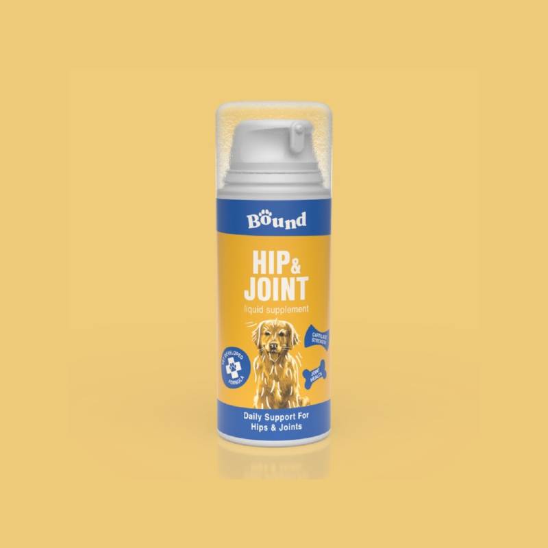Bound Pets Hip and Joint Liquid Supplement for Dogs 100ml bottle on a yellow background.