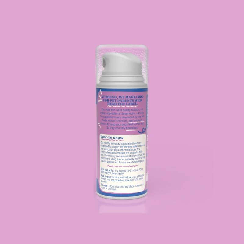 Bound Pets Healthy Immunity liquid dog supplement 100ml pump bottle on a pink background.