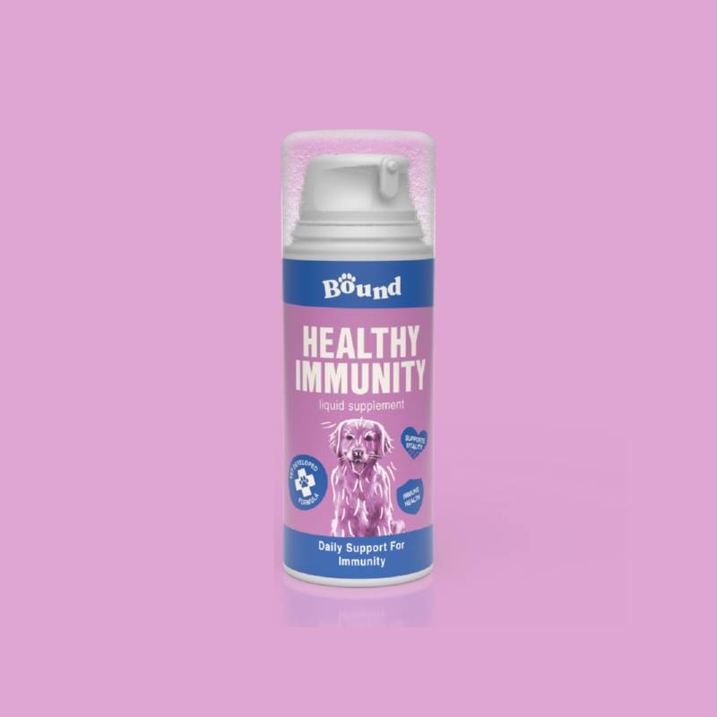 Bound Pets Healthly Immunity Liquid Supplement for Dogs, 100ml, on a pink background.