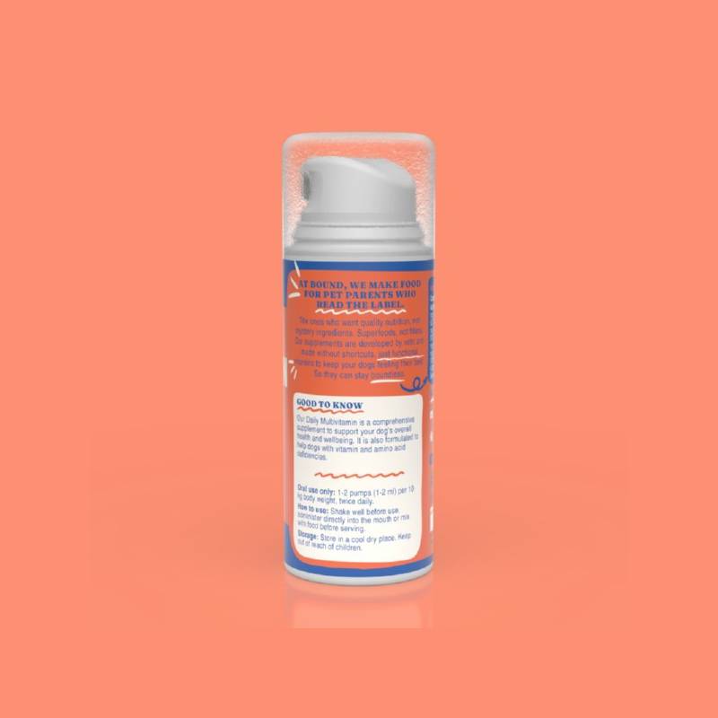 Orange-labeled Bound Pets Daily Multivitamin Liquid Supplement for Dogs, 100ml, on peach background.