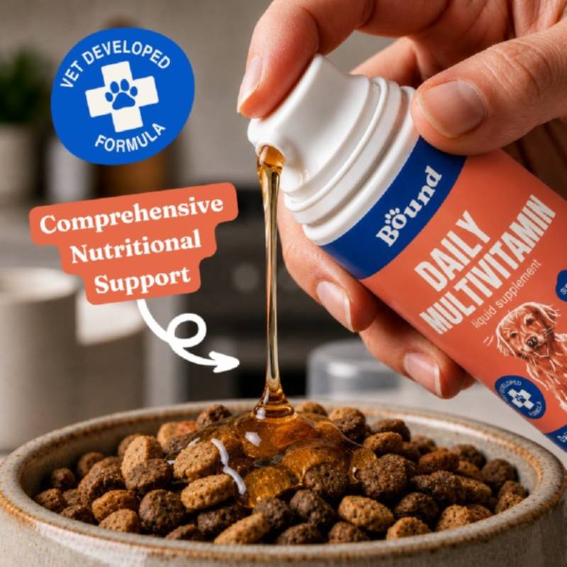 Pouring Bound Pets Daily Multivitamin for Dogs over kibble; bottle shows brand and product name.