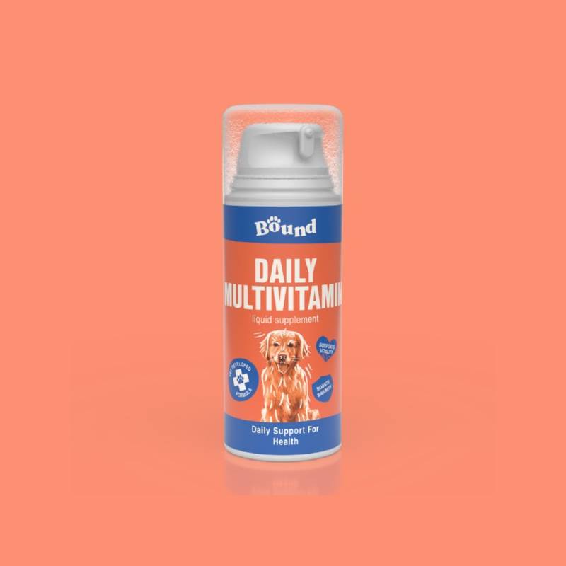 Bound Pets Daily Multivitamin Liquid for Dogs, 100ml—orange label, daily nutritional support.