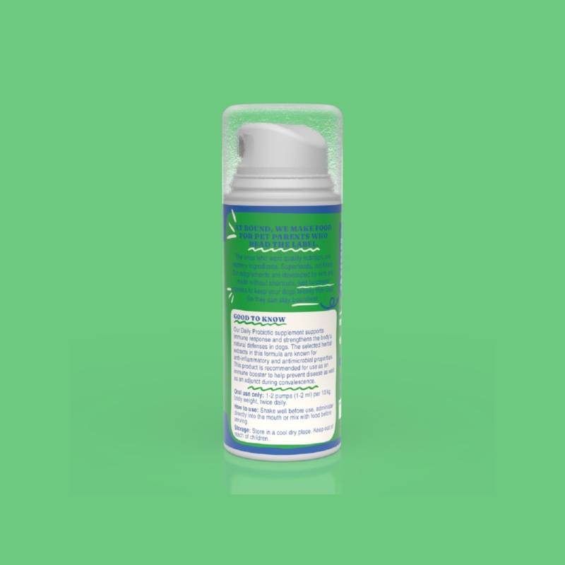 Bound Pets Daily Probiotic Liquid Supplement for Dogs, 100ml, with pump nozzle on green backdrop.