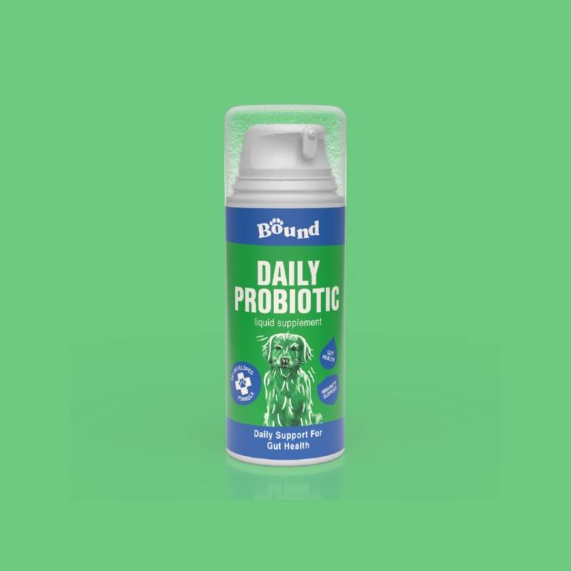 Bound Pets Daily Probiotic Liquid Supplement for dogs, 100ml, on a green background.