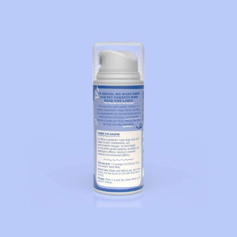 Bound Pets Relax Liquid Supplement for Dogs 100ml, white label/blue text on light blue background.