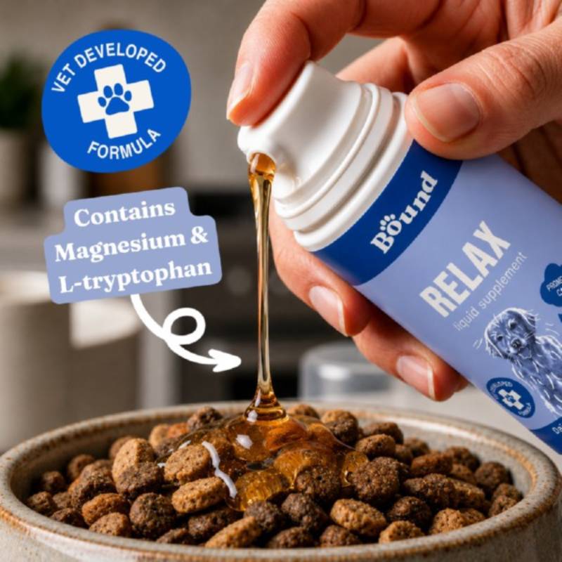 Bound Pets Relax Liquid for Dogs, 100ml—vet-developed with calming botanicals & L-tryptophan.