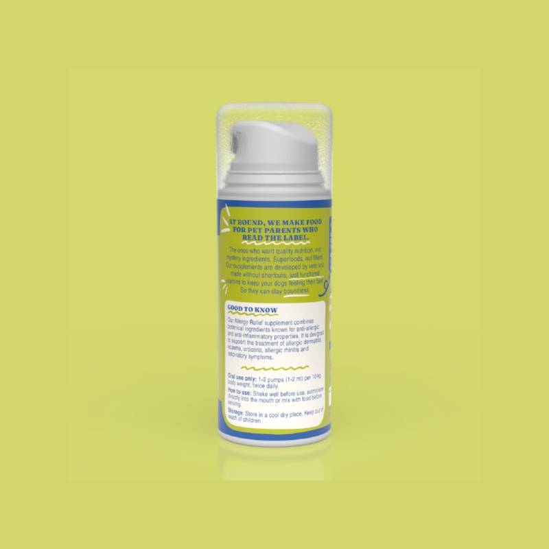 Bound Pets Allergy Relief Liquid Supplement for Dogs stands upright on a plain yellow background.