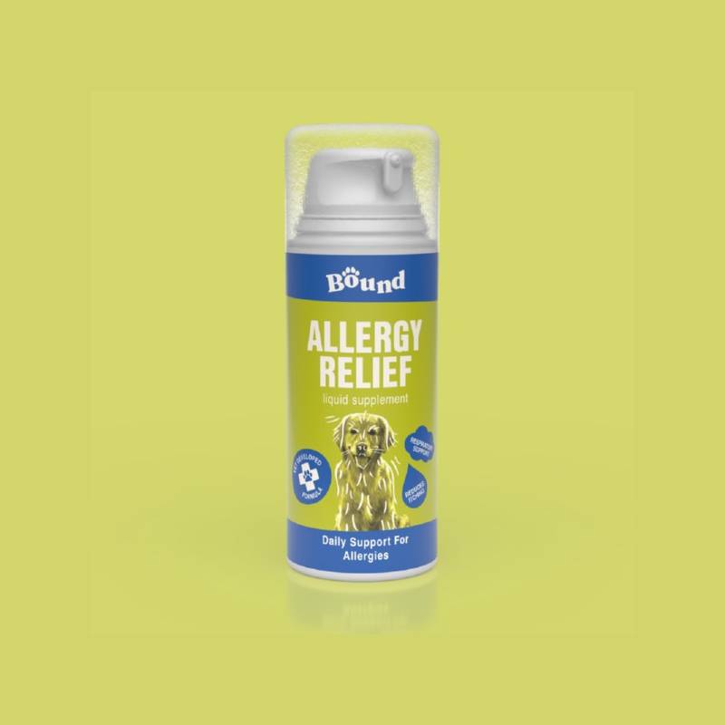 Bound Pets Allergy Relief Liquid Supplement for Dogs 100ml on a yellow background.
