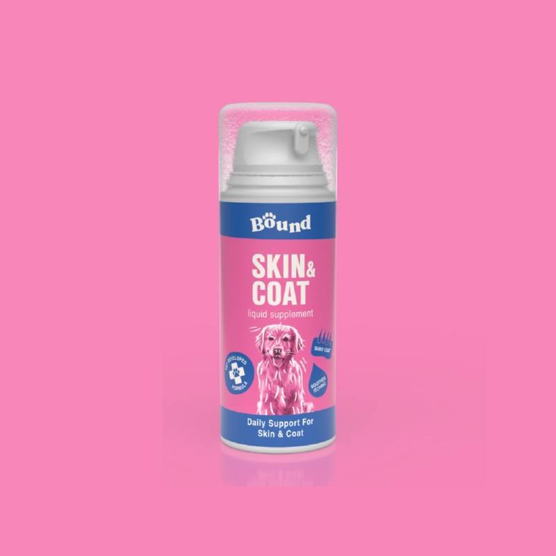 Bound Pets Skin and Coat Liquid Supplement for Dogs, 100ml—pink bottle with biotin label.