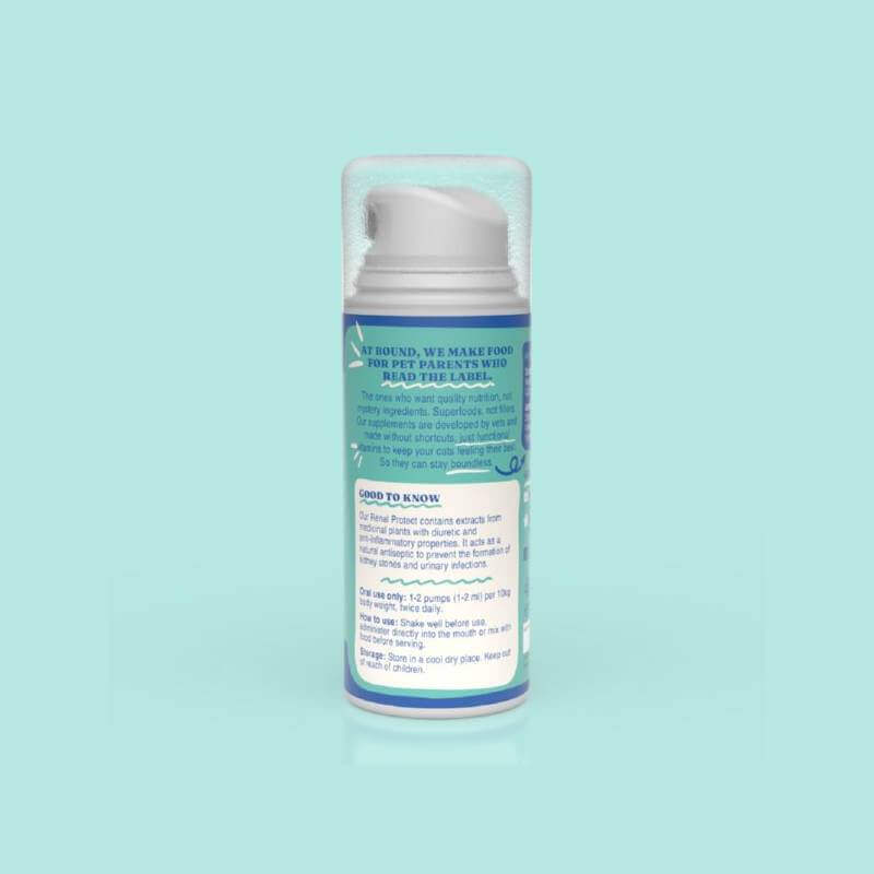 Bound Pets Renal Protect Liquid Supplement for Cats 100ml, pump bottle on blue background.