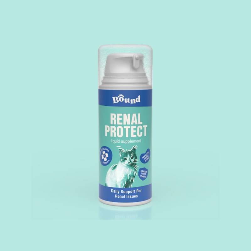 Bound Pets Renal Protect Liquid Supplement for Cats 100ml bottle, shown on a blue background.