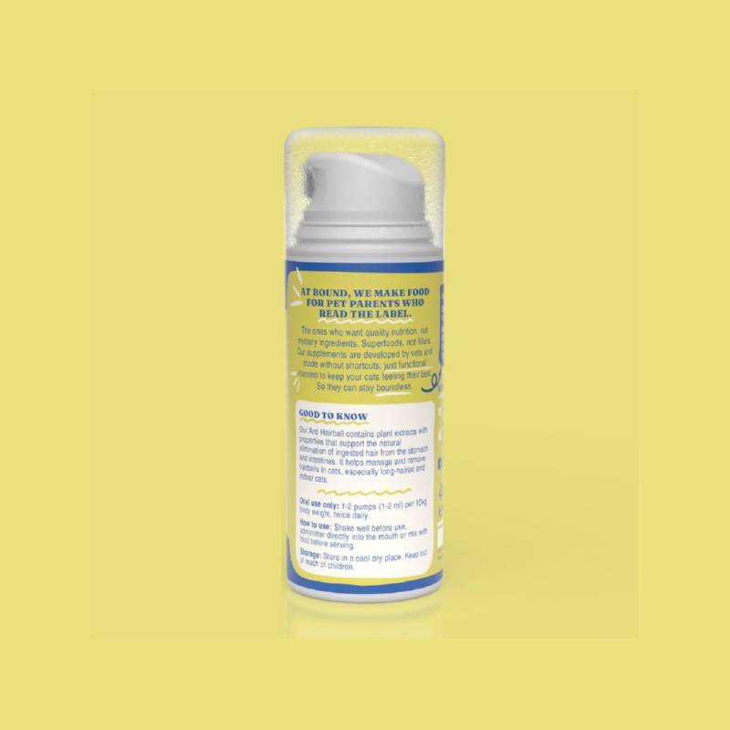 Bound Pets Anti Hairball Liquid Supplement 100ml with pump on yellow background.