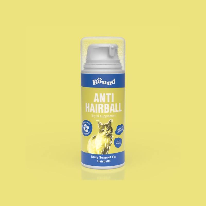 Bound Pets Anti Hairball Liquid Supplement for Cats 100ml bottle on yellow background.