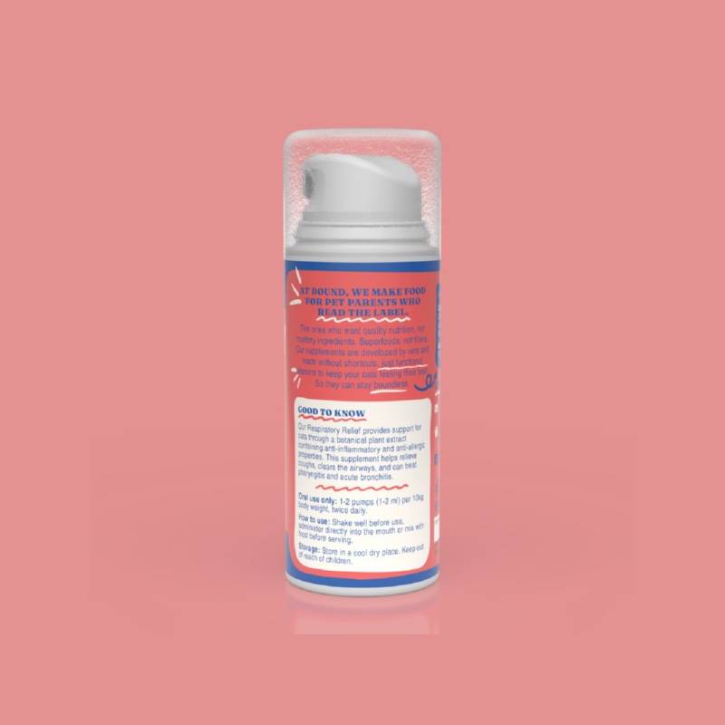 Bound Pets Respiratory Relief 100ml for cats with a red label sits on a pink background.