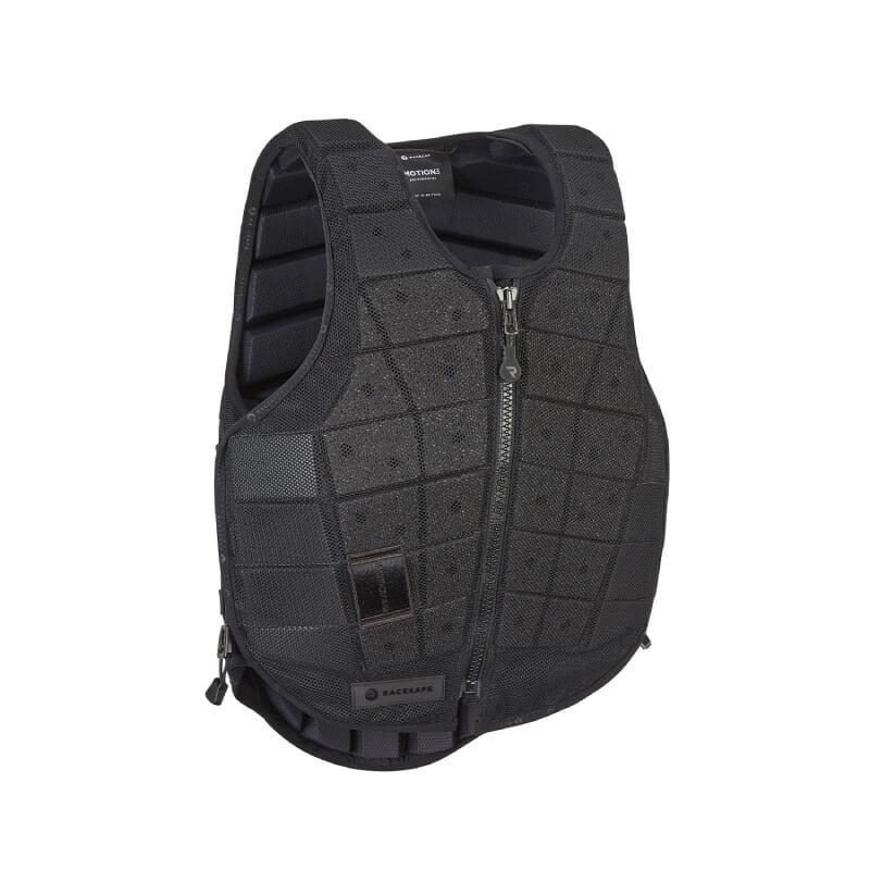 The Racesafe Motion 3 Adults Body Protector Black features a front zip and multi-foam grid padding.