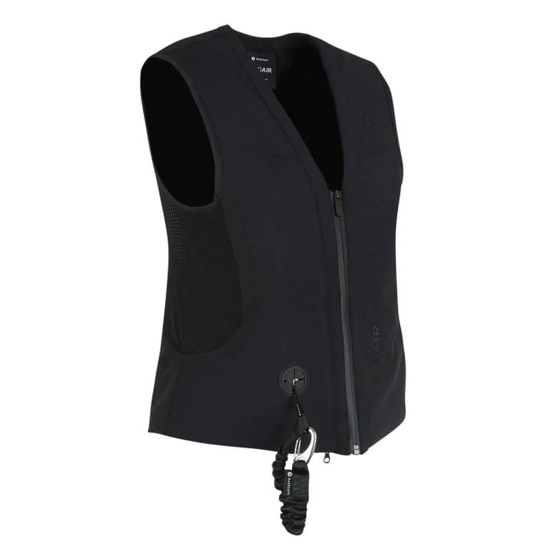 Racesafe VeloAir Young Rider: black zip-up equestrian safety vest with cord and front clip.