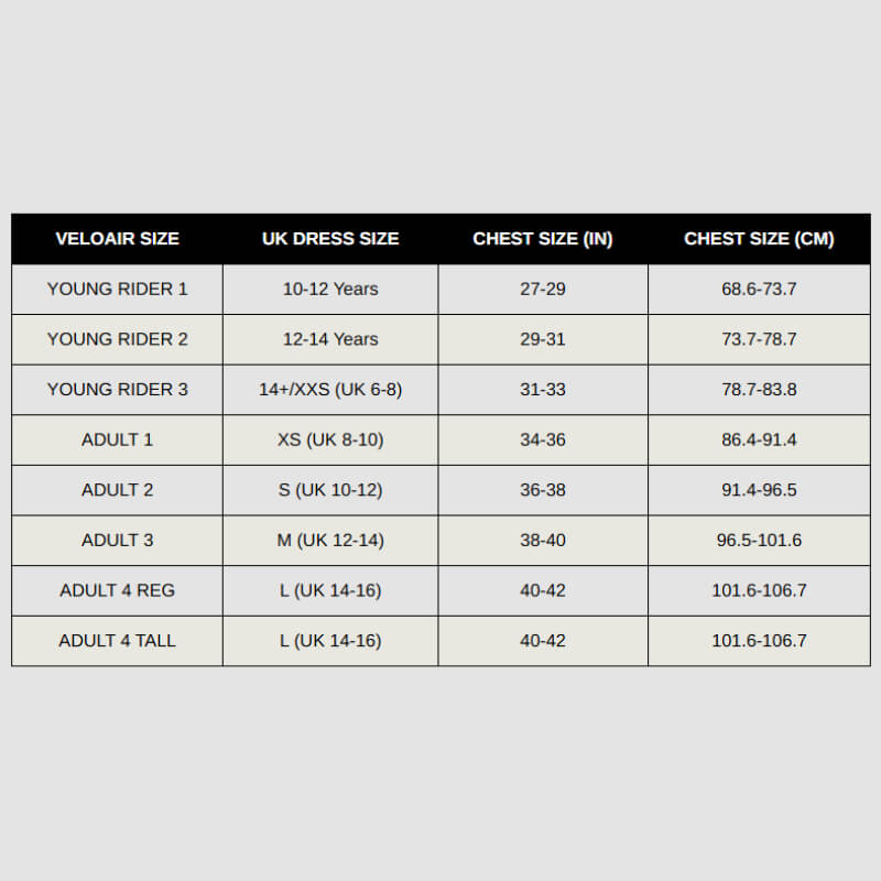 Racesafe VeloAir Young Rider chart covers age, dress size, chest size, and fit details.