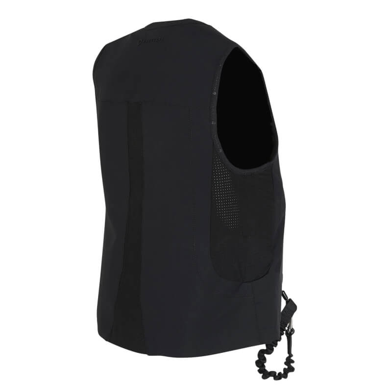 Racesafe VeloAir Young Rider black safety vest with coiled lanyard, shown from back.