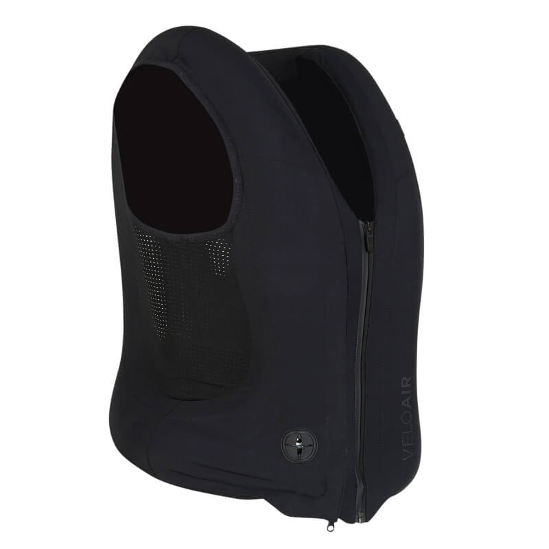 Black Racesafe VeloAir Young Rider vest: sleeveless, mesh panels, front zipper.